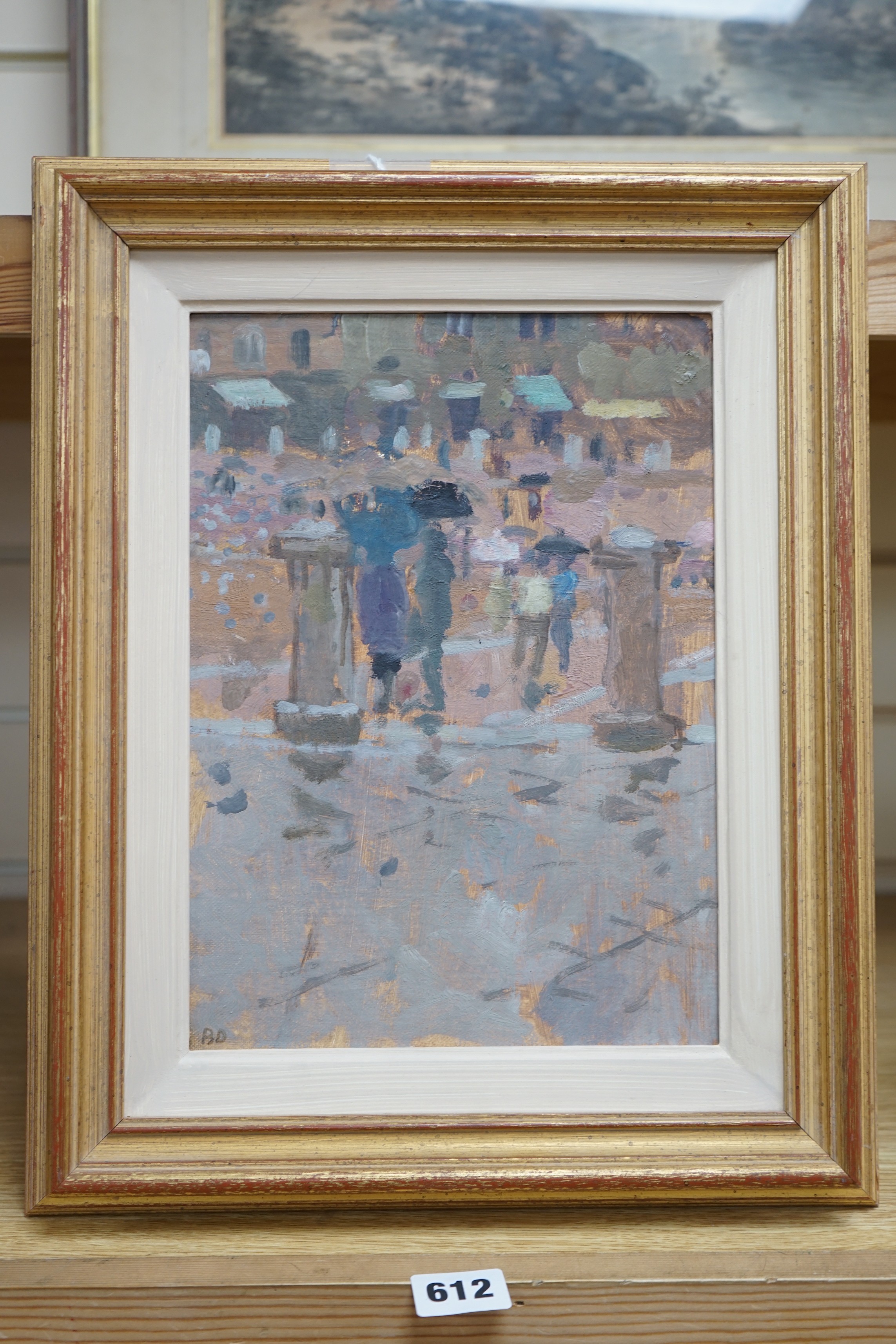 Bernard Dunstan R.A.(1920-2017), oil on board, 'The Campo, Rainy Day', initialled and dated '74 verso, 28 x 19cm